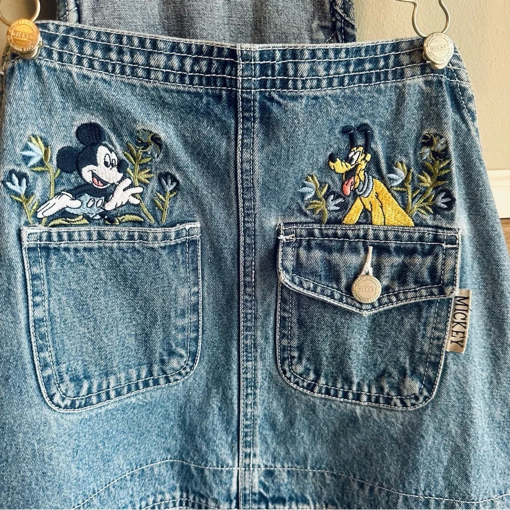 Vintage 90s Mickey & Pluto Overalls Embroidered Disney Denim Shortalls - Picture 4 of 6